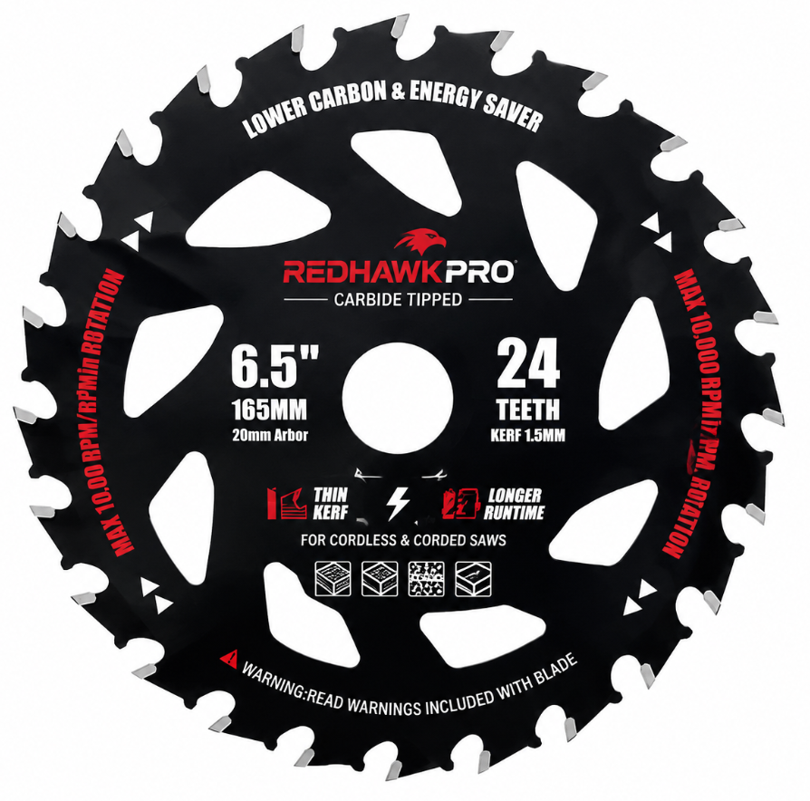 RedhawkPro 6-1/2 Inch 24T Circular Saw Blade for Wood with Nails, Thin Kerf Framing Blade, Carbide-Tipped, 20mm Arbor, Cordless & Corded Circular Saw