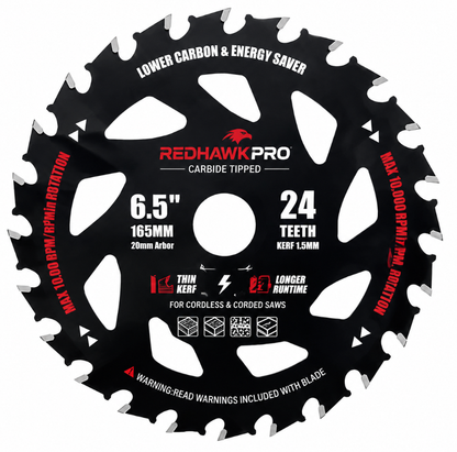 RedhawkPro 6-1/2 Inch 24T Circular Saw Blade for Wood with Nails, Thin Kerf Framing Blade, Carbide-Tipped, 20mm Arbor, Cordless & Corded Circular Saw