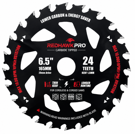 RedhawkPro 6-1/2 Inch 24T Circular Saw Blade for Wood with Nails, Thin Kerf Framing Blade, Carbide-Tipped, 20mm Arbor, Cordless & Corded Circular Saw