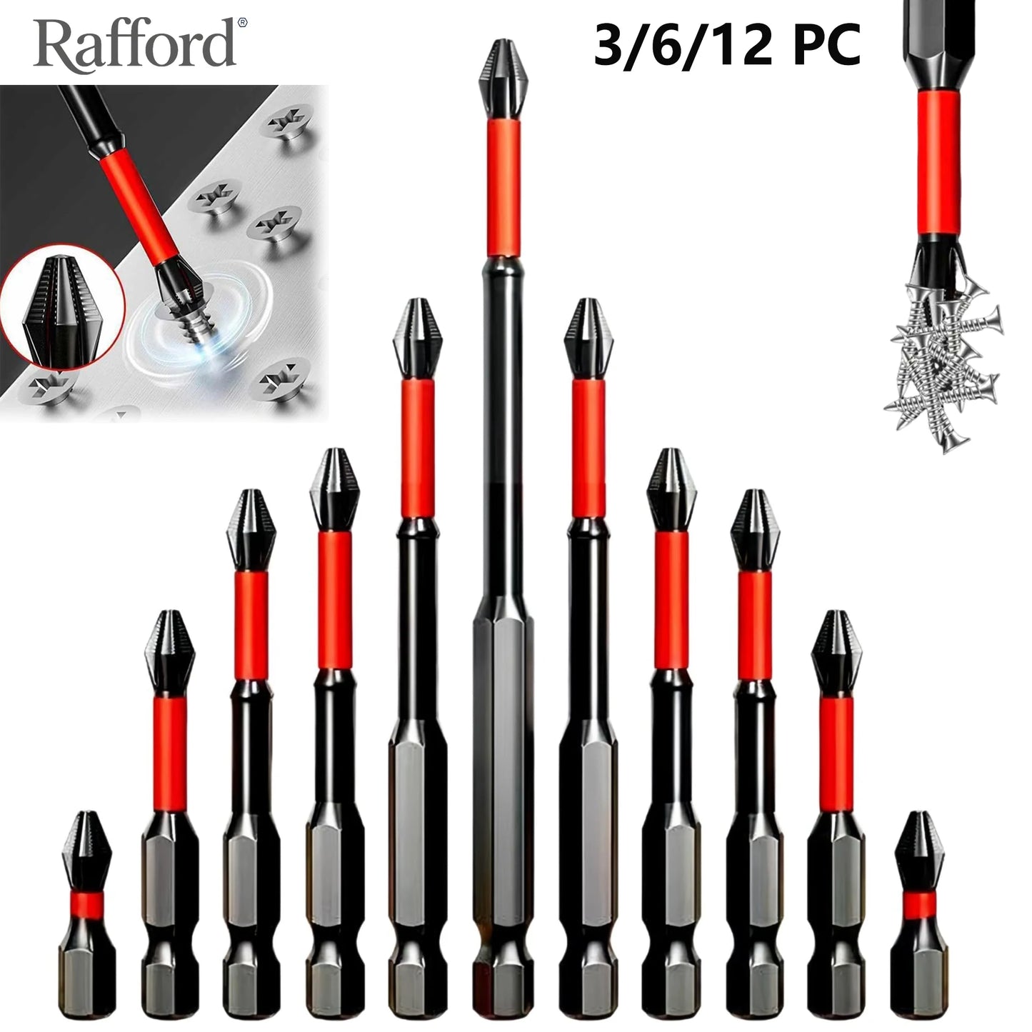 Rafford Anti Slip bits Magnetic Screwdriver bit Set S2 Alloy Steel Impact Resistance Bits-3/6/12Pcs Suitable for Electric Drills