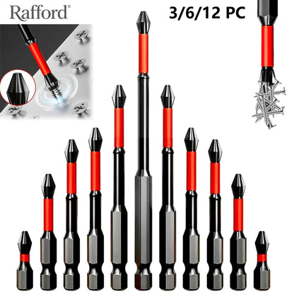 Rafford Anti Slip bits Magnetic Screwdriver bit Set S2 Alloy Steel Impact Resistance Bits-3/6/12Pcs Suitable for Electric Drills